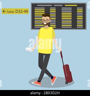 Cartone animato caucasico passeggero con valigia a piedi sullo sfondo - numero del cancello e programma di bordo all'aeroporto. Uomo hippster con barba che tira su Illustrazione Vettoriale