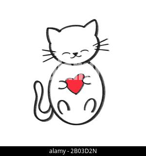 carino cartoon mano disegnato gatto bianco e nero che tiene il cuore rosso Foto Stock