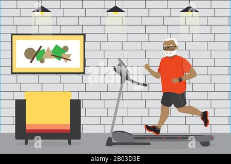 Cartoon africano nonno americano in esecuzione su un tapis roulant, fitness club o palestra, illustrazione vettoriale Illustrazione Vettoriale