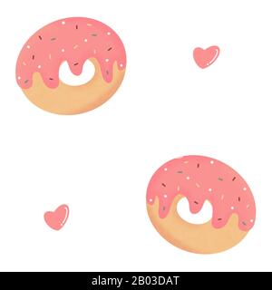 simpatico cartoon senza cuciture motivo di sfondo illustrazione con ciambelle e cuori rosa Foto Stock