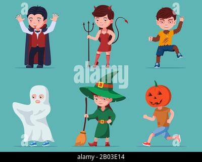 Set di bambini Halloween caratteri. I bambini sono vestiti con costume da strega, dracula, zucca, fantasma, mannaro e ragazza demoniaca. Immagine vettoriale fla Illustrazione Vettoriale