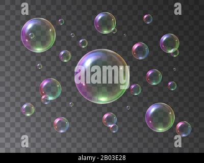 Bolle di sapone schiumoso realistico con colori arcobaleno in uno sfondo trasparente isolato. Set di illustrazioni vettoriali colorate bolle di sapone in schiuma. Aria d'acqua Illustrazione Vettoriale