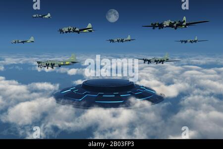 Flying Fortress Bombers incontrando un UFO Foto Stock