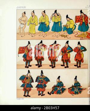 Antica moda giapponese, armi e accessori da Geschichte des kostüms in cronologischer entwicklung (Storia del costume in sviluppo cronologico) di Racinet, A. (Auguste), 1825-1893. E Rosenberg, Adolf, 1850-1906, Volume 1 stampato a Berlino nel 1888 Foto Stock