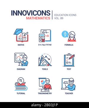 Matematica - insieme di icone di stile di progettazione di linee vettoriali Illustrazione Vettoriale