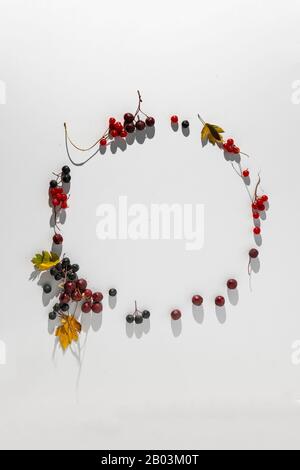 una vista dall'alto della cornice circolare fatta di frutti di bosco freschi, mockup copia spazio disegno piatto lay Foto Stock