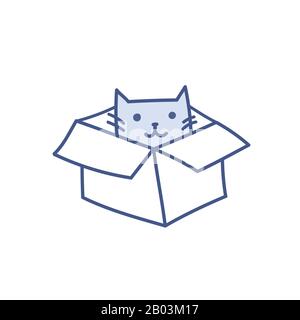 Divertente vettore di cartone animato gatto seduto in scatola. Buon cucciolo sorridente in scatola vuota, pacchetto e concetto di consegna. Illustrazione vettoriale nuovo amico isolata o Illustrazione Vettoriale