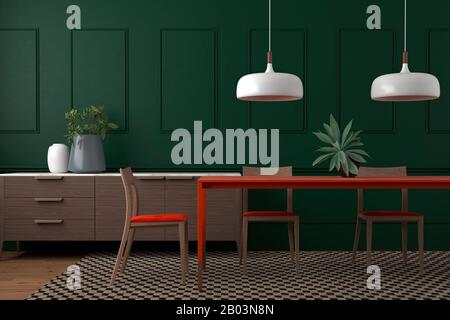 elegante e moderna sala da pranzo, ambiente dal design interno con pareti di verde scuro, tavolo e sedie arancioni e mobili in legno Foto Stock