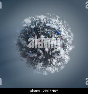 Contecp per l'inquinamento della terra del pianeta, mondo coperto da grandi città e strade con nuvole e smog in atmosfera che mostra la contaminazione e il caos fatto da Foto Stock