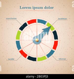 Infografica con quadrante, dodici campi, quattro colori. Sequenza di azioni o cicliche. Illustrazione Vettoriale