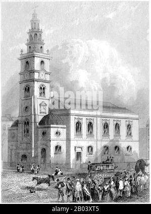 Un'incisione di St Clement Danes, The Strand, Londra scannerizzata ad alta risoluzione da un libro stampato nel 1851. Creduto copyright libero. Foto Stock