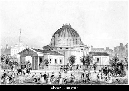 Un'incisione di Leicester Square con l'edificio in cui il modello della Terra di MR Wyld È Esposto scannerizzato ad alta risoluzione da un libro del 1851. Foto Stock