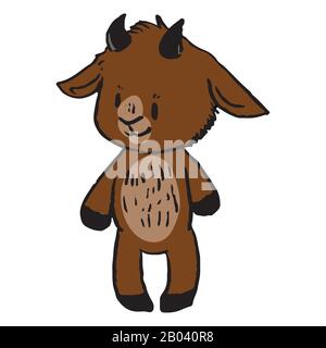 Cute divertente sorridente capra marrone in stile ingenuo vettore clipart. Caprino alpino con corna. Kawaii divertente fattoria animale illustrazione . Isolato Illustrazione Vettoriale