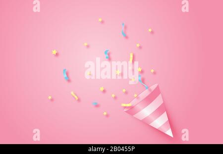 Festa di compleanno. Esplosione del cono di papper rosa con confetti. Concetto di celebrazione dell'evento. Illustrazione Vettoriale