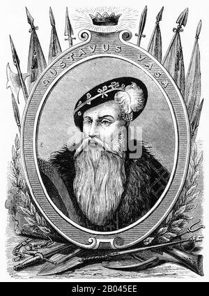 L'incisione di Gustav i, nato Gustav Eriksson della nobile famiglia Vasa e successivamente conosciuto come Gustav Vasa (1496 – 1560), fu re di Svezia dal 1523 fino alla sua morte nel 1560. In precedenza era il protettore del Regno durante la guerra di liberazione svedese contro il re Cristiano II di Danimarca, Norvegia e Svezia. Gustav si alzò per guidare il movimento ribelle dopo il bagno di Stoccolma, dove suo padre fu giustiziato. L'elezione di Gustav come Re segnò la secessione finale della Svezia dall'Unione di Kalmar Foto Stock