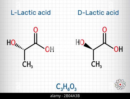 Acido L-Lattico e acido D-Lattico, lattato, zucchero di latte, molecola C3H6O3. È chirale, costituito da due enantiomeri. Formula chimica strutturale. Fee Illustrazione Vettoriale