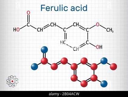 Acido ferulico, acido coniferico, molecola C10H10O4. Si tratta di acido fenolico, un antiossidante, un agente antinfiammatorio, un inibitore dell'apoptosi, un cardioproto Illustrazione Vettoriale