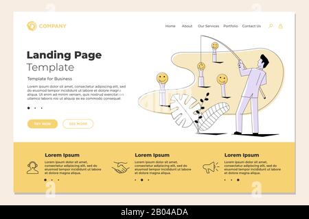 Fisherman uomo d'affari pesca emoji smiley volti su landing page web design modello. Vettore business internet Technology SMM social media marketing sito web illustrazione concetto Illustrazione Vettoriale