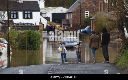 Ironbridge, Shropshire, Regno Unito. Febbraio 18th 2020 un automobilista non ha fatto attraverso il fiume allagato Severn a Coalford vicino a Ironbridge. Credito: David Bagnall Foto Stock