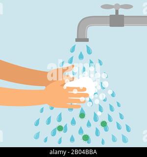 Lavando le mani sotto il rubinetto con sapone, concetto di igiene. Pulizia delle mani da germi, batteri. Illustrazione Vettoriale