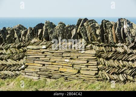 Pareti in pietra a secco Cornovaglia a motivi geometrici realizzate in ardesia e granito, la costa settentrionale della Cornovaglia vicino Tintagel, Cornovaglia, Inghilterra