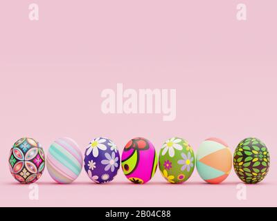 Uova di Pasqua con motivi belli e colorati allineati di fronte a uno sfondo rosa - 3D rendering Concept Foto Stock