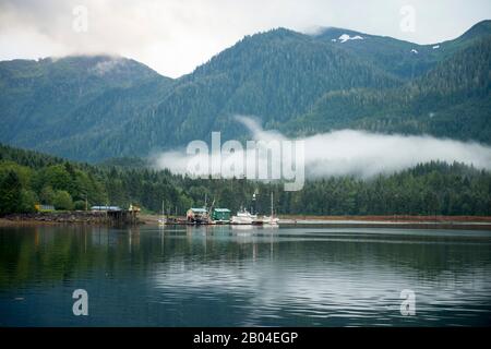 Vista del vivaio di pesce a Neets Bay, Behm Canal nel sud-est dell'Alaska vicino Ketchikan, Stati Uniti. Foto Stock