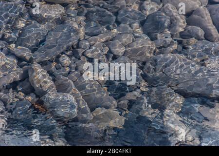 Ghiaia sotto acqua pulita e trasparente di un fiume di montagna con luce solare che riflette e tremolante (sfondo/sfondo) Foto Stock