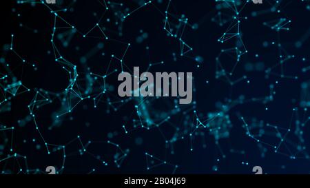 Sfondo digitale blu astratto con particelle cibernetiche, sfondo geometrico con celle triangolari. Poligoni digitali blu su sfondo scuro. Movimento delle linee collegate a plexus Foto Stock