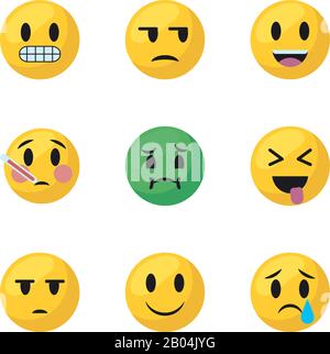 Emojis affronta il design piatto icona stile set, Cartoon Expression cute emoticon profilo personaggio giocattolo viso adorabile e sociale media tema Vector illustrazione Illustrazione Vettoriale