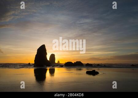 Le pile di mare si silhouette al tramonto durante la bassa marea a Cannon Beach sulla costa settentrionale dell'Oregon, Stati Uniti. Foto Stock