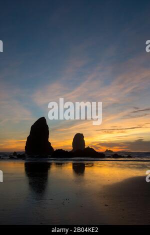 Le pile di mare si silhouette al tramonto durante la bassa marea a Cannon Beach sulla costa settentrionale dell'Oregon, Stati Uniti. Foto Stock