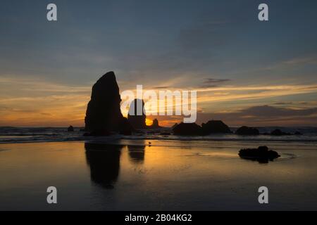 Le pile di mare si silhouette al tramonto durante la bassa marea a Cannon Beach sulla costa settentrionale dell'Oregon, Stati Uniti. Foto Stock