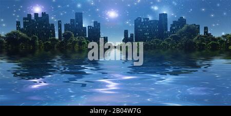 Surreale arte digitale. Città circondata da verdi alberi nel mondo d'acqua. Stelle luminose nel cielo Foto Stock
