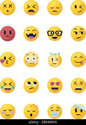 Emojis affronta il design piatto icona stile set, Cartoon Expression cute emoticon profilo personaggio giocattolo viso adorabile e sociale media tema Vector illustrazione Illustrazione Vettoriale