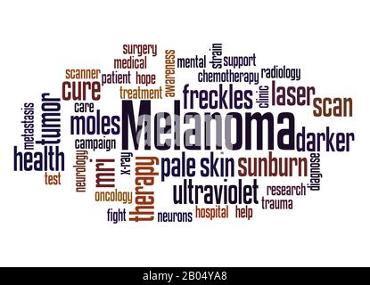 Melanoma - cancro della pelle parola cloud concetto su sfondo bianco. Foto Stock