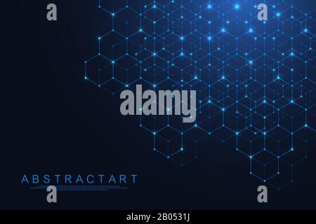 Tecnologia linee astratte e punti collegare lo sfondo con esagoni. Gli esagoni connessione dati digitali e dati di grande concetto. Hex i dati digitali Illustrazione Vettoriale