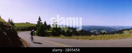 Persona in bicicletta su una montagna, Mt Tamalpais, Marin County, California, Stati Uniti Foto Stock