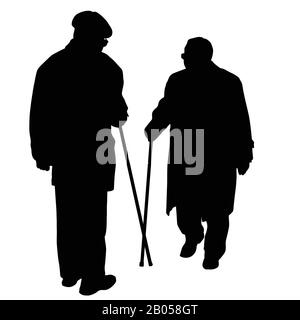Due silhouette seniors con bastone su sfondo bianco, illustrazione vettoriale Illustrazione Vettoriale