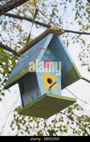 Birdhouse di legno dipinto di blu, verde e giallo appeso da un albero deciduo in autunno. Foto Stock