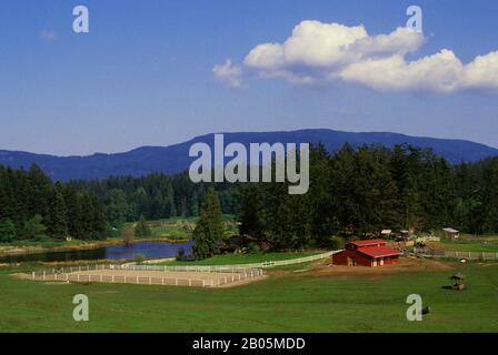 USA, WASHINGTON, ISOLE SAN JUAN, ISOLA ORCAS, PAESAGGIO CON FATTORIA Foto Stock