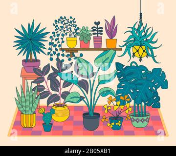 Piante domestiche, scena interna accogliente. Illustrazione Moderna. Vettore Illustrazione Vettoriale