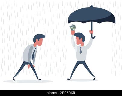 L'uomo d'affari va dalla pioggia mentre un altro uomo d'affari ha l'ombrello. Illustrazione Vettoriale