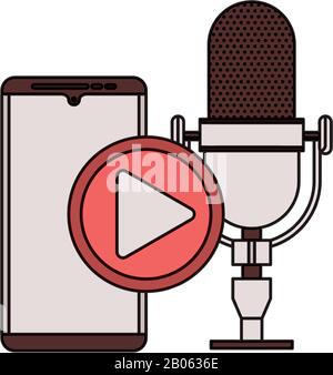 microfono radio retro con smartphone e pulsante di riproduzione Illustrazione Vettoriale