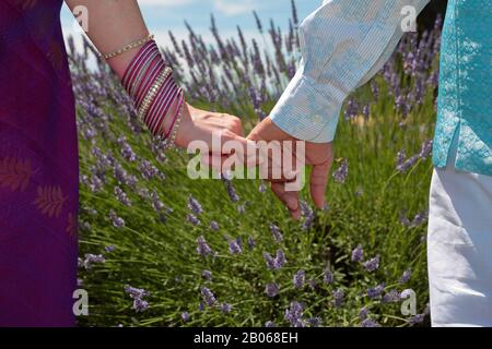 Foto ravvicinata di una coppia in un abito nazionale indiano che tiene le mani. Amore coppia promessa pinny o giuramento pinny su un campo di lavanda Foto Stock