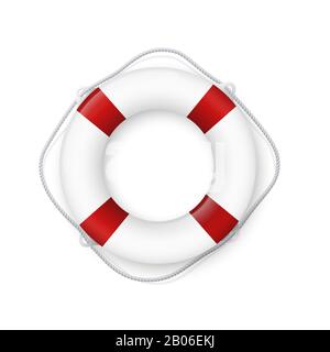 Realistica lifebuoy rosso e bianco con una corda. Vita boa- realistico disegno vettoriale isolato su sfondo bianco. Eps10 Illustrazione Vettoriale