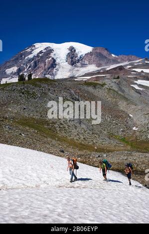 USA, WASHINGTON STATE, MT. RAINIER NATIONAL PARK, SKYLINE TRAIL, BACKPACKERS CON MT. RAINIER IN BACKGROUND Foto Stock