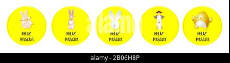 Adesivi di Pasqua. Badge rotondi. Pollo, angelo, coniglio. Spring design Translation from Spanish HAPPY EASTER Foto Stock