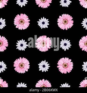 Semplice motivo senza cuciture con fiori. Fiori rosa su sfondo nero. Design per tessuti, tessuti e carta da imballaggio. Foto Stock