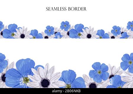 Bordo floreale senza cuciture con fiori blu. Motivo alla moda su sfondo bianco. Elemento di design per biglietti, inviti, matrimoni, saluti. Ornam Foto Stock